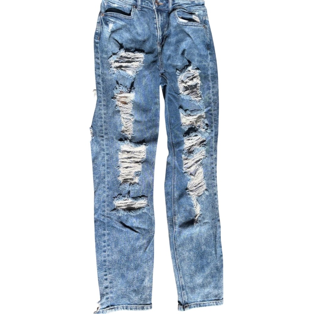 American Eagle Distressed Mom Jeans Size 2 Reg Blue High Waisted Stretch Denim